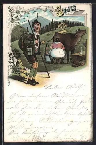 Lithographie Bergsteiger feixt beim Anblick einer kräftigen Sennerin