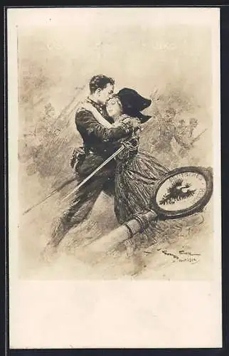 Künstler-AK Französischer Soldat hält eine Elsässerin im Arm