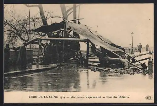 AK Paris, Crue de la Seine 1924, une pompe d`épuisement au Quai des Orfèvres