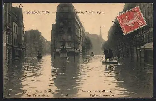 AK Paris, Inondations de janvier 1910 à la Place Baudin et Avenue Ledru-Rollin