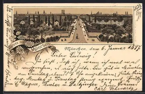 Lithographie München, Blick auf den Ort mit Strassenbahn