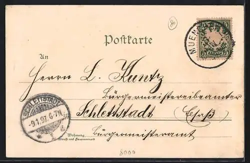 Lithographie München, Blick auf den Ort mit Strassenbahn