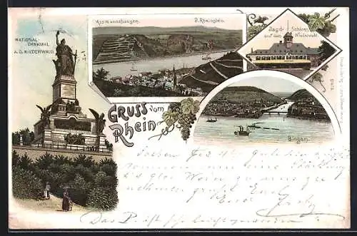 Lithographie Bingen / Rhein, Nationaldenkmal, Jagdschloss und Gesamtansicht