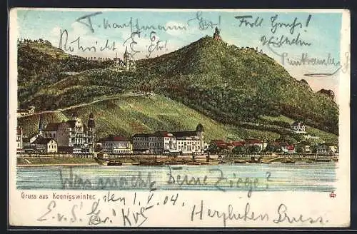 Lithographie Königswinter, Blick auf den Ort vom Wasser aus