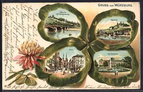 Passepartout-Lithographie Würzburg, Ansichten auf Kleeblatt, Dom, Festung, Kgl. Residenz