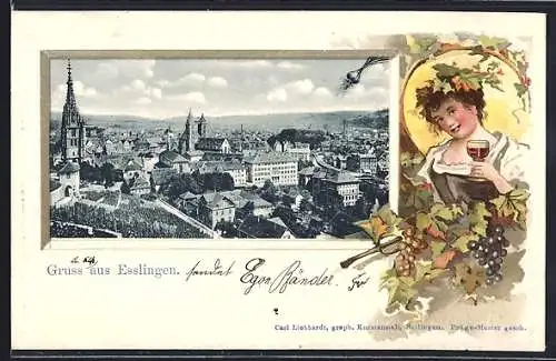 Passepartout-Lithographie Esslingen / Neckar, Blick auf den Ort, Frau mit Weinglass, -blättern und -trauben