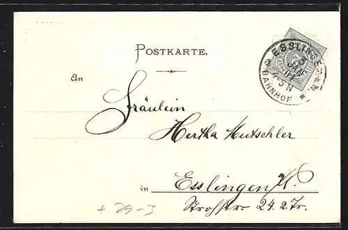 Passepartout-Lithographie Esslingen / Neckar, Blick auf den Ort, Frau mit Weinglass, -blättern und -trauben