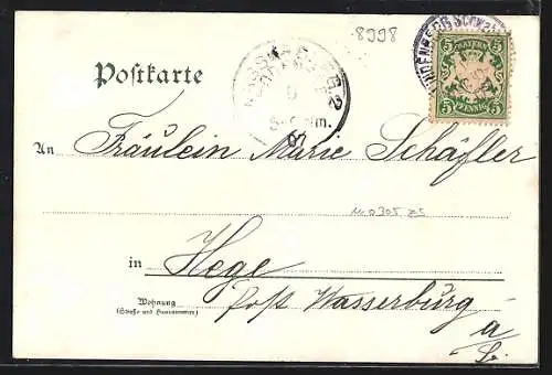 AK Lindenberg / Schwaben, Ortsansicht mit Villa Rasch und Gasthof z. Krone, Wald-Passepartout