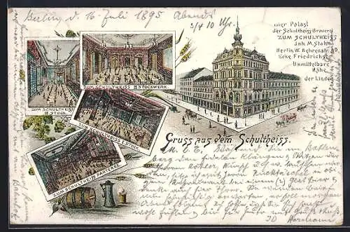 Lithographie Berlin, Restaurant Bier Palast der Schultheiss Brauerei, Innen- und Aussenansicht, Behrenstrasse 49