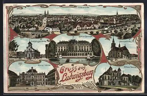Lithographie Ludwigsburg / Württemberg, Totalansicht mit Königl. Schloss