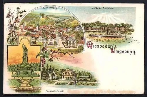 Lithographie Sonnenberg / Wiesbaden, Ansicht von oben, Schloss Biebrich, Fischzucht-Anstalt