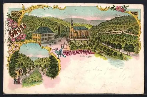 Lithographie Marienthal / Rheingau, Teilansicht mit Kirche