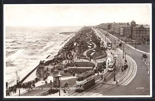 AK Blackpool, Rough Sea, North Shore Promenade, Strassenbahn