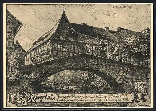 Künstler-AK Suhl, Thüposta 2, Thüringische Postwertzeichen-Ausstellung 1938