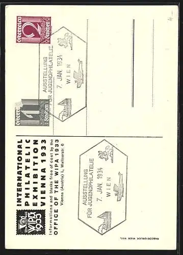 AK Vienna, International Philatelic Exhibition 1933, Briefmarkenförmiges Plakat mit Posthorn