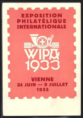 AK Vienne, Exposition Internationale Philatelique 1933, Briefmarkenförmiges Plakat mit Posthorn