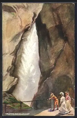 Künstler-AK Lauterbach, Trümmelbachschlucht, Drei Ausflügler bestaunen den Wasserfall