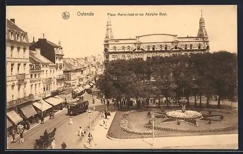 AK Ostende, Place Marie-José et rue Adolphe Buyl, Strassenbahn