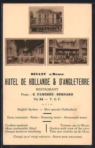 AK Dinant s. Meuse, Hotel de Hollande et d`Angleterre, Propr. E. Famerée-Bernard