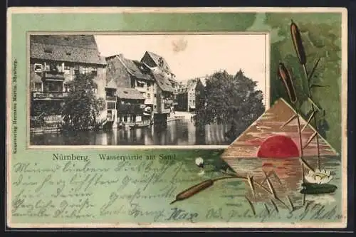 AK Nürnberg, Häuser am Sand, Sonnenuntergang