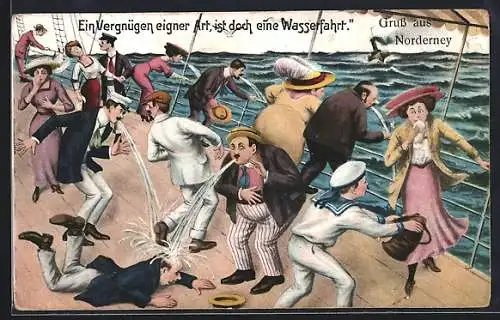 AK Passagiere an Deck eines Schiffes übergeben sich, Seekrank, Reisekrankheit