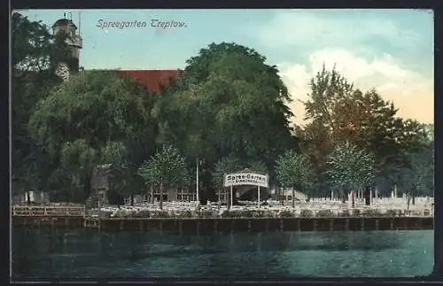 AK Treptow, Gasthaus Spreegarten vom Wasser betrachtet