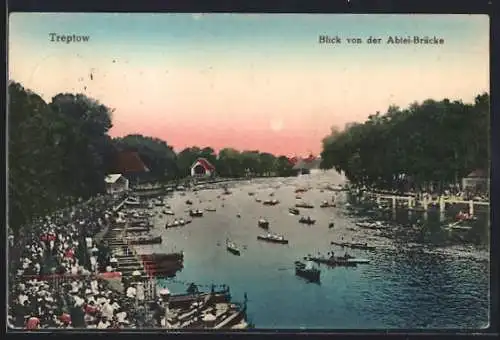 AK Treptow, Blick von der Abtei-Brücke bei Abenddämmerung