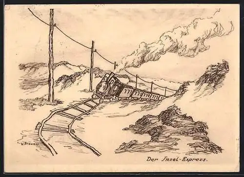 AK Der Insel-Express, Eisenbahn in den Dünen