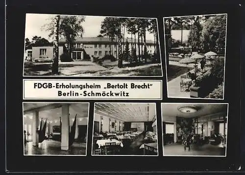 AK Berlin-Schmöckwitz, FDGB-Erholungsheim Bertolt Brecht, Innen- und Aussenansicht