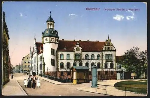 AK Glauchau, Leipziger Strasse und Postamt