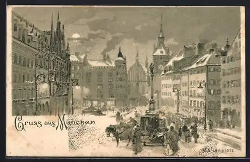 Lithographie München, Strassenpartie am Marienplatz