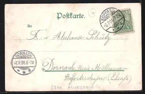 AK Assmannshausen /Rheinland, Ortsansicht mit Holzrahmen und Blumen