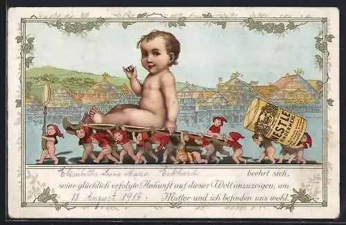 AK Baby von kleinen Zwergen getragen, Reklame für Nestle Kindermehl
