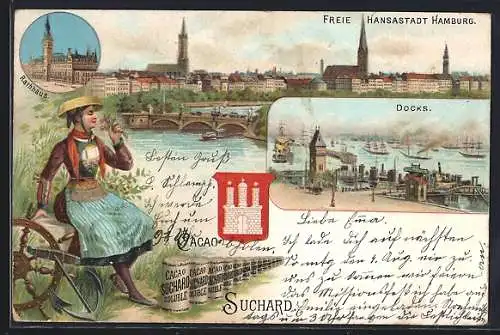 Lithographie Hamburg, Frau in Tracht, Docks, Werbung für Suchard Cacao, Wappen