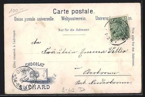 Lithographie Hamburg, Frau in Tracht, Docks, Werbung für Suchard Cacao, Wappen