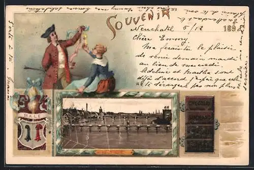 Lithographie Basel, Kinder beim Spielen, Chocolat Suchard, Brückenansichten