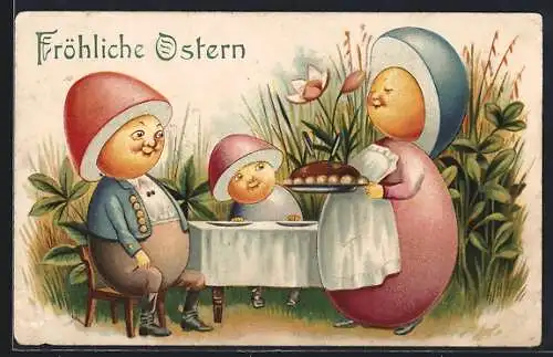 AK Vermenschlichte Eier, die Mutter bringt einen Braten an den Tisch