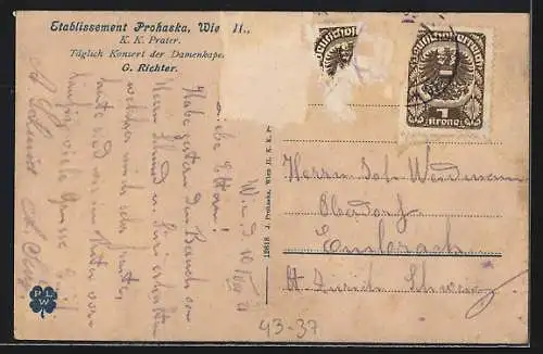 AK Wien, Gasthaus Prohaska im k. k. Prater, Damenkapelle