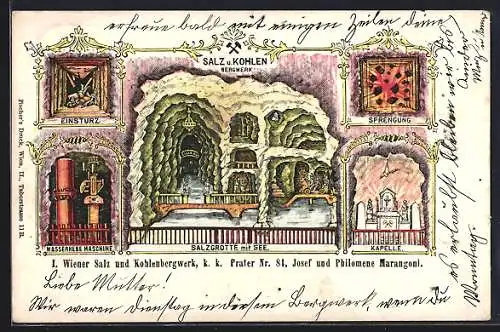 Lithographie Wien, Wiener Prater, Salz- und Kohlenbergwerk Nr. 84 Josef und Philomene Marangoni