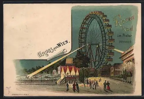 Lithographie Wien, Riesenrad im Prater bei Nacht