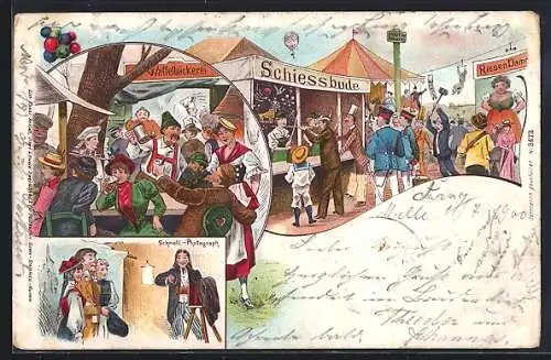 AK Volksfest-Szenen mit Schiessbude, Waffelbäckerei u. Schnell-Photograph