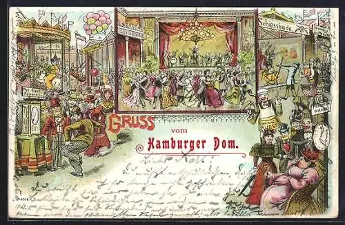Lithographie Hamburg-St.Pauli, Belebte Szenen vom Volksfest Hamburger Dom