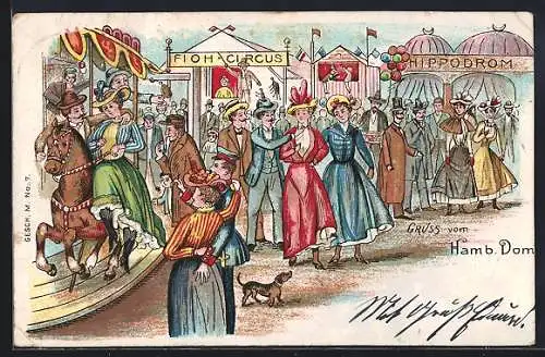 Lithographie Volksfest mit Hippodrom, Karussell und Floh-Circus