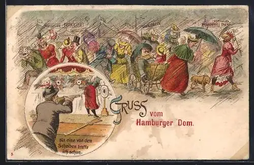 Lithographie Hamburg-St.Pauli, Das Volksfest Hamburger Dom im Regen, Mann verfehlt am Schiessstand