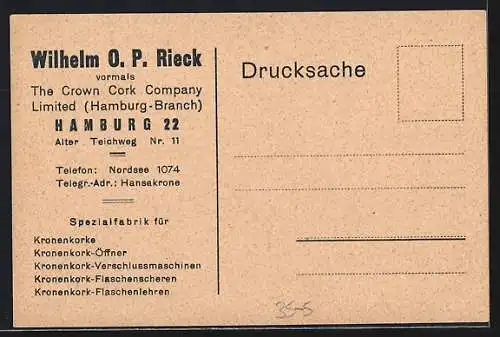 AK Hansakronenkorkmaschine v. Wilhelm O. P. Rieck, Reklame