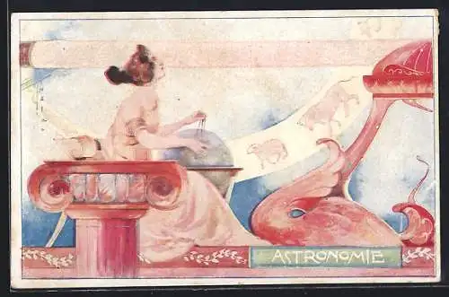 AK Junge Dame im Rad der Tierkreiszeichen, Jugendstil