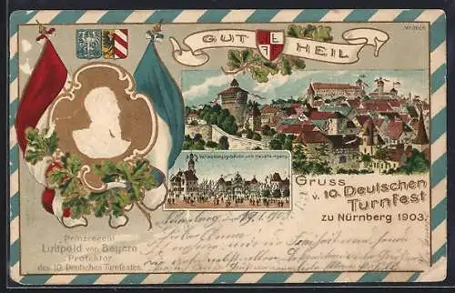 Lithographie Nürnberg, 10. Deutsches Turnfest 1903, Teilansicht, Verwaltungsgebäude und Haupteingang