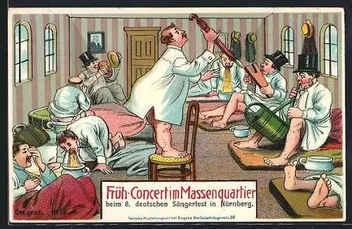 AK Früh-Concert im Massenquartier, Männer in der Herberge übergeben sich, Toilettenhumor