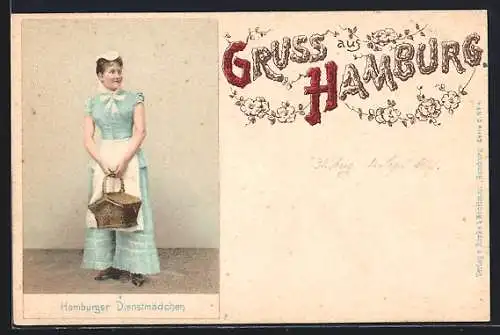 Lithographie Hamburg, Hamburger Dienstmädchen mit Einkaufskorb