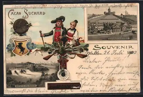 Lithographie Schaffhouse, Ortsansicht mit Cacao Suchard, Chute du Rhin